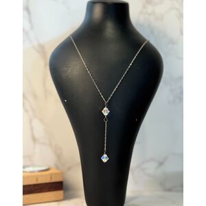 Sterling Silver Y Necklace with Iridescent Glass Beads.